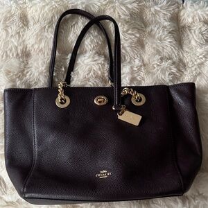 Coach Dark Brown Leather Tote with Gold Hardware